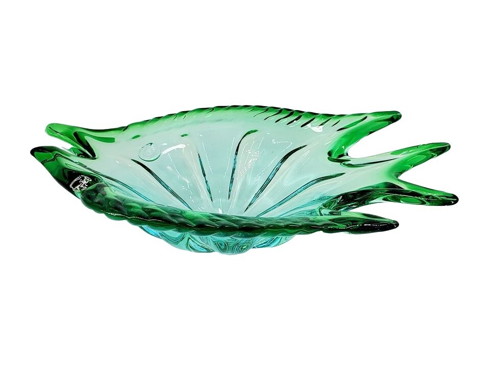 Murano Lge Glass Fish Shaped Bowl Dish HandBlown Green