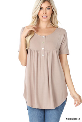 Women's Round Neck Loose Fit Yoke Shirring Top Shell Buttons Short Sleeve Tunic