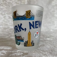 New York Shot Glass Frosted Blue Lettering Iconic Landmark Facts Souvenir