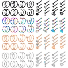 Stainless Steel Nose Rings Set Bone Stud Tragus Cartilage Hoop Body Piercing 20G