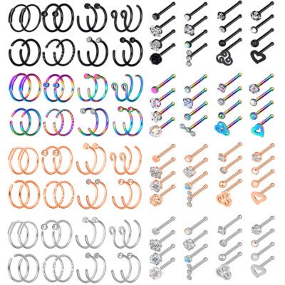 20G Stainless Steel Nose Rings Bone Studs Cartilage Hoop Piercing Set 16-32PCS