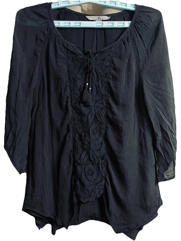 Valerie Stevens Top Women's Sz S Black Lace Bell Sleeve Boho Witchy Goth Fairy - Image 3 of 4
