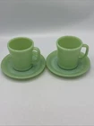 Vtg 2 Fire King Jadeite Green Glass Flat Bottom D Handle Coffee Mug Saucer 1940