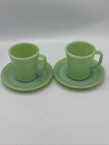 Vtg 2 Fire King Jadeite Green Glass Flat Bottom D Handle Coffee Mug Saucer 1940