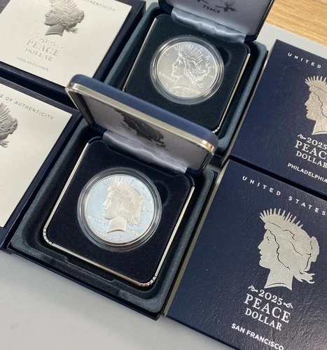 2 2025-(S)-(P) US Mint .999 Silver Peace $1 Pf San Fran BU Phillie w/ogp L24147