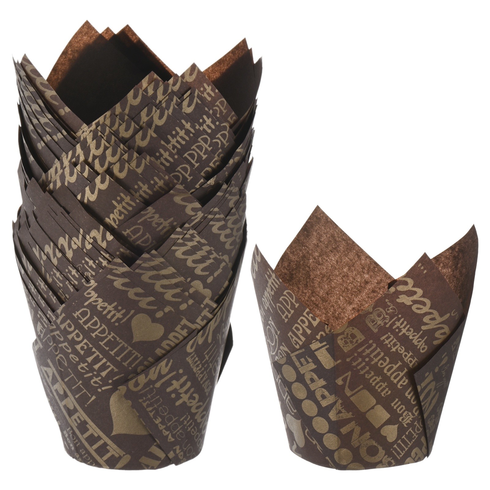 50-Pack Tulip Cupcake Liners, Greaseproof Paper Baking Cups[Brown Lettering]