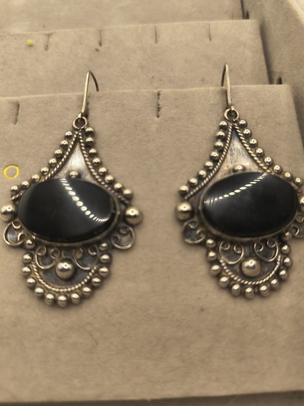 Vintage Earrings Dangle Sterling Silver with Oval Onyx Stones  Filigree 925