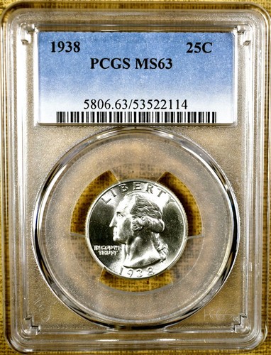 1938 PCGS MS63 Washington Quarter - 100% Blazing White