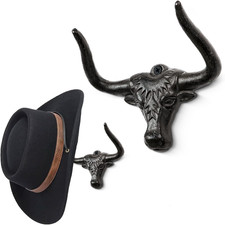 Cowboy Hat Holder for Wall Cowboy Hat Hook 2 Pack Bull Head Metal Hat Rack Cast