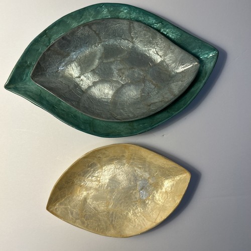 Capiz Shell Nesting Serving Trays/Plates Turquoise Aqua Cream Set 3 Phillipines - Picture 8 of 15