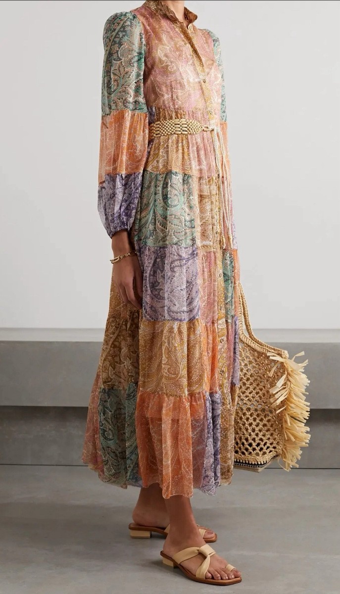 Zimmermann Brighton Patchwork Paisley-Print Silk midi Dress No Slip Size  XS/S