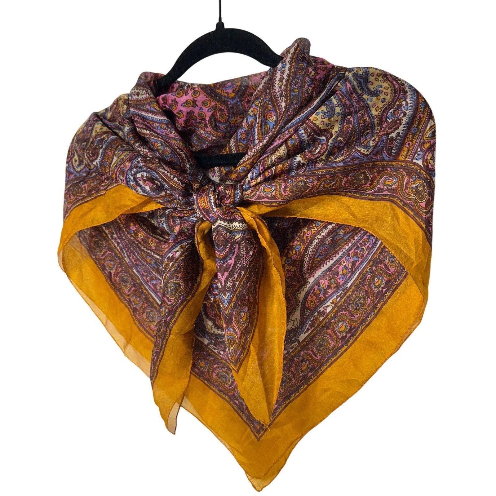 Vintage Bohemian Paisley Square Scarf Sheer Yellow Magenta Blue 39" x 39"