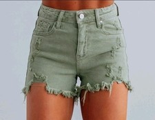 Risen jeans olive green high-rise distressed denim shorts Wild Oak Boutique M