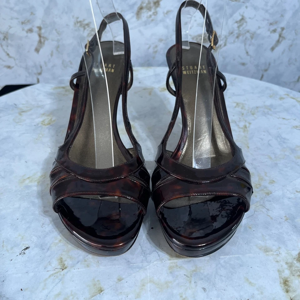 Zapatos Stuart Weitzman para mujer talla 9M marrón charol punta abierta moda tacones Foto 3 de 4