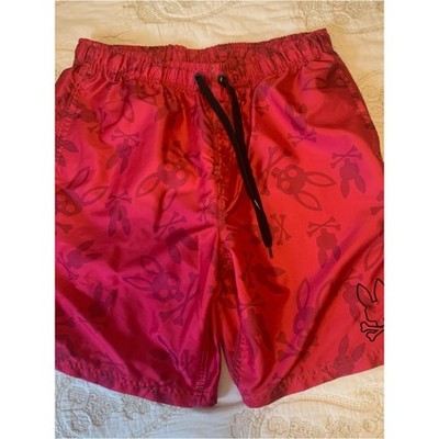 Psycho Bunny Swim Shorts with Subtle Bunny Skull Print Mens Size Medium Red Pink