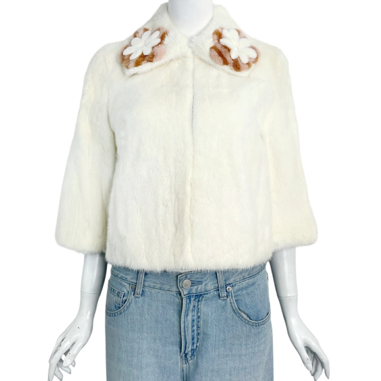 FENDI Leather Fur Floral Pattern Coat White Size 36 Excellent Condition