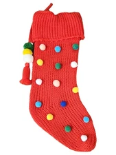 Colorful Red Knit Rainbow Pom Pom Holiday Christmas Stocking