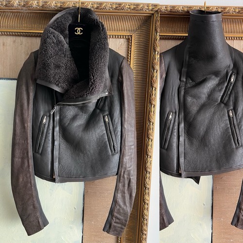 Rick Owens US 4 S Small Shearling Fur Leather Motorcycle Jacket Coat Brown Read!