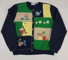 Vintage Alfred Dunner Multicolor Flower Garden Pattern Knit Cardigan Sweater Vtg
