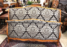 Antique Walnut Louis XV French Full Size Bed | New Upholstery Silver & Black