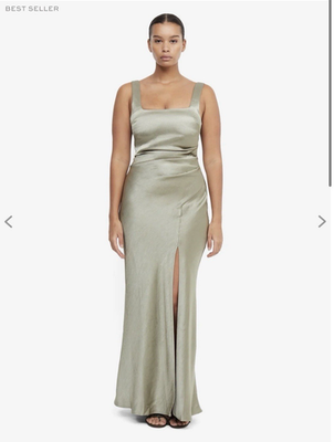 Bec & Bridge Dreamer Square Neck Maxi Dress Sage Satin Side Slit USA 4 NWT  | eBay
