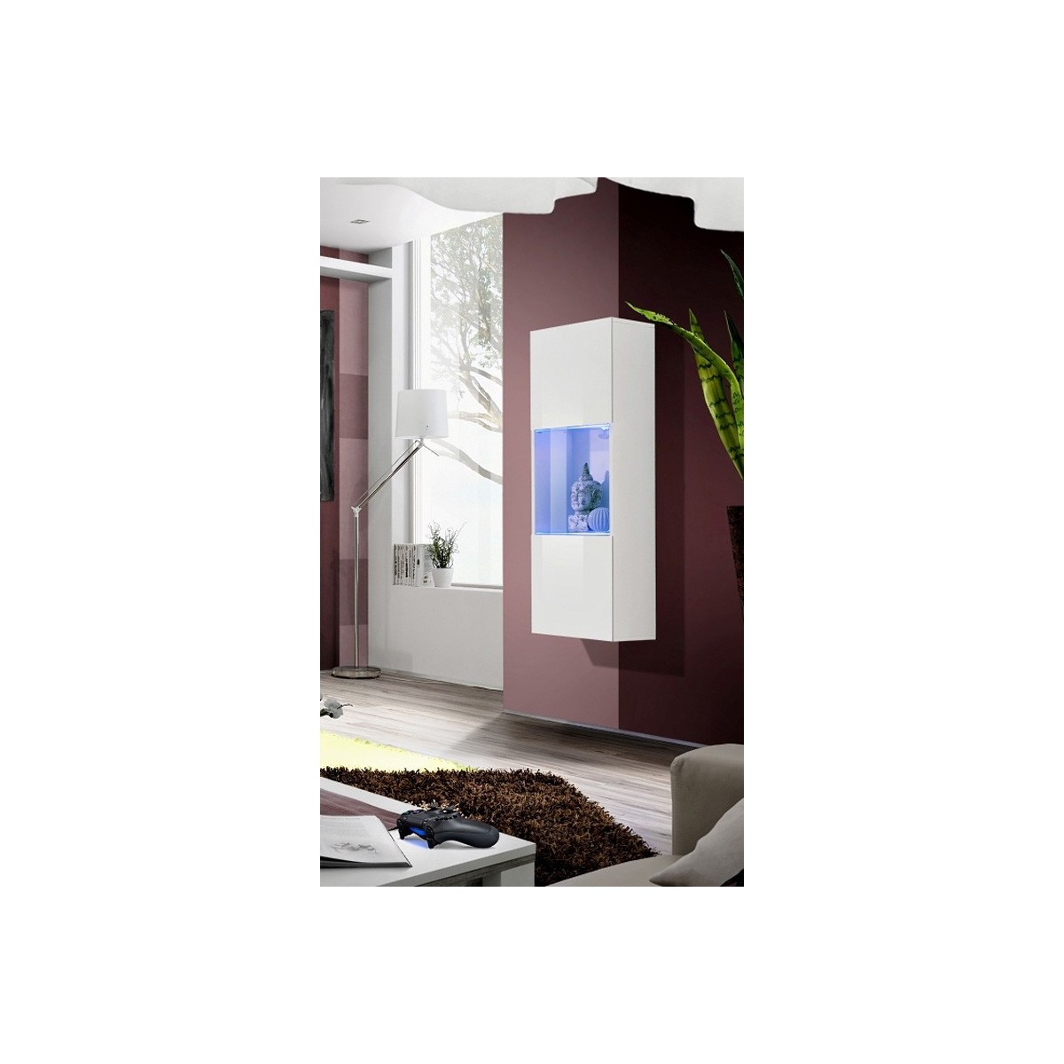 Vitrine LED murale Fly A3 126 cm blanche pour salon moderne