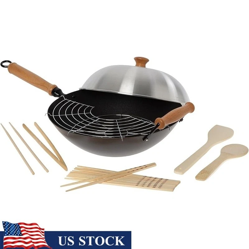 10 Piece Carbon Steel Wok Set Non Stick Cooking Utensils Recipe Book Flat Bottom