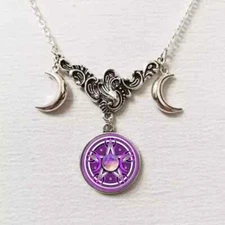Wiccan Triple Moons & 5 point Star Pendant & 18" Necklace ! FREE SHIPPING USA!