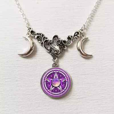 Wiccan Triple Moons & 5 point Star Pendant & 18'' Necklace ! FREE SHIPPING USA!