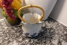 Vintage Blue White Pottery basket with bamboo handle blue hearts Janet Rodriguez
