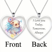 Cute Puppy Heart-Shaped Crystal Pendant Necklace, Christmas Holiday Party Gift