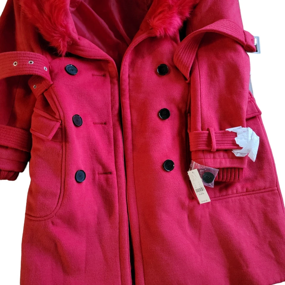 NY&CO Womens Jacket XL Red Faux Fur Trim Removable Pea Coat Festive Belted - Image 4 of 4