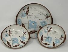 Floral Asian white/brown/blue Serving Dish 8.5” and Two 6” Shallow Bowls