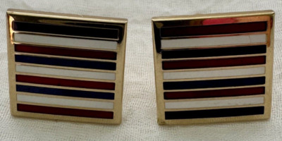 VINTAGE SQUARE ENAMEL CUFFLINKS Red, White & Blue with Bullet Back 3/4 Square