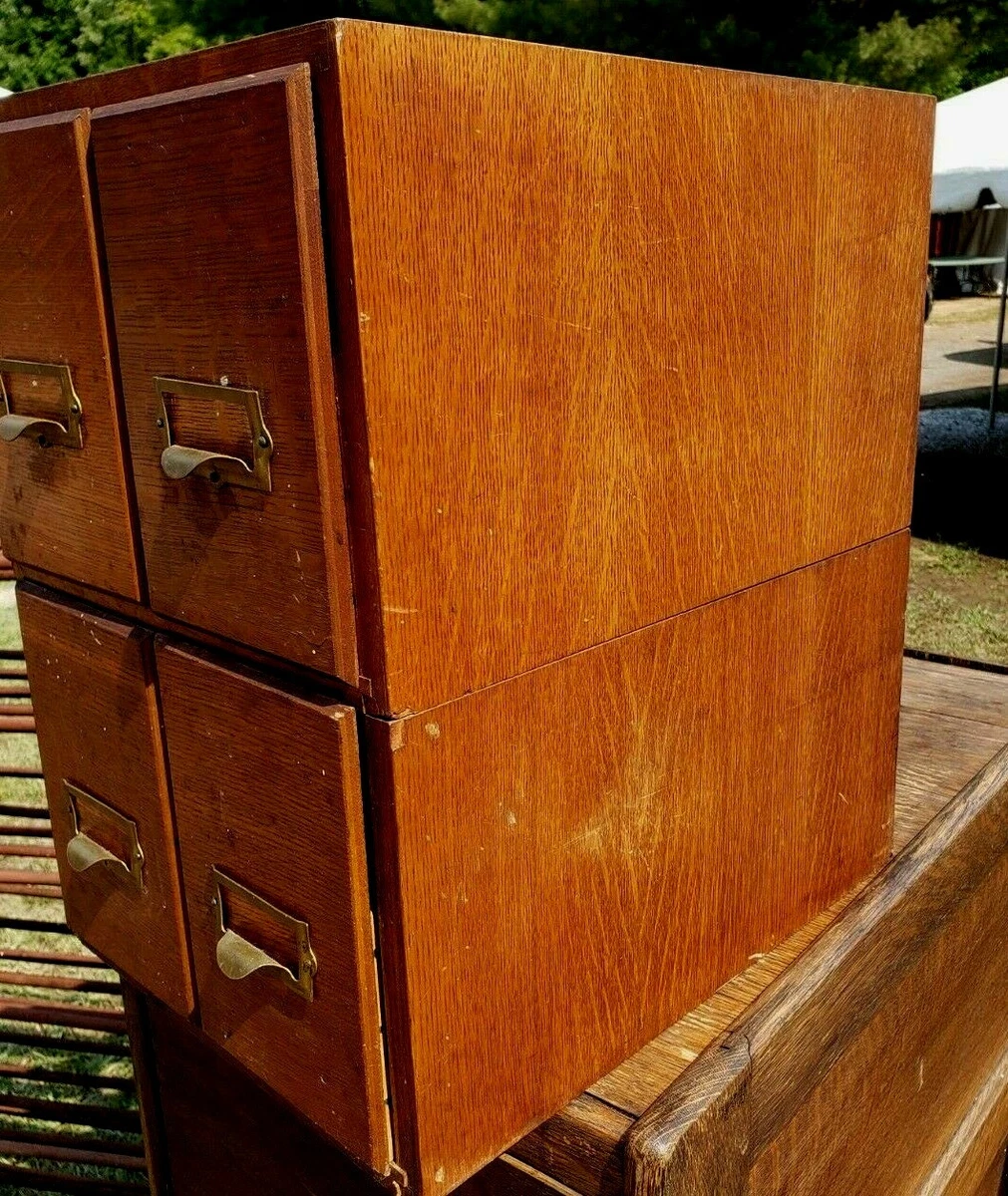 Vtg Antique Industrial Index Card File Cabinet 4 Drawer Oak Brass