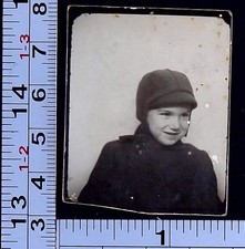 Little Boy Wearing Winter Clothing Photo Booth Antique BW Photo Snapshot