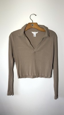 H&M Women s Top Size M, Tan Color Ribbed Sweater Cropped Long Slevee