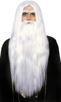 Merlin Wig and Beard Set White Gandalf Saruman Adult Fancy Dress Costume