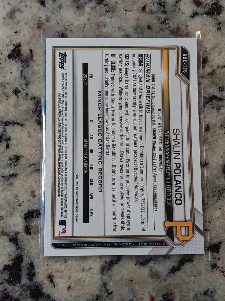 2021 Bowman Chrome Purple Refractor /250 Shalin Polanco #BDC-176 Pirates  - Image 2 of 2