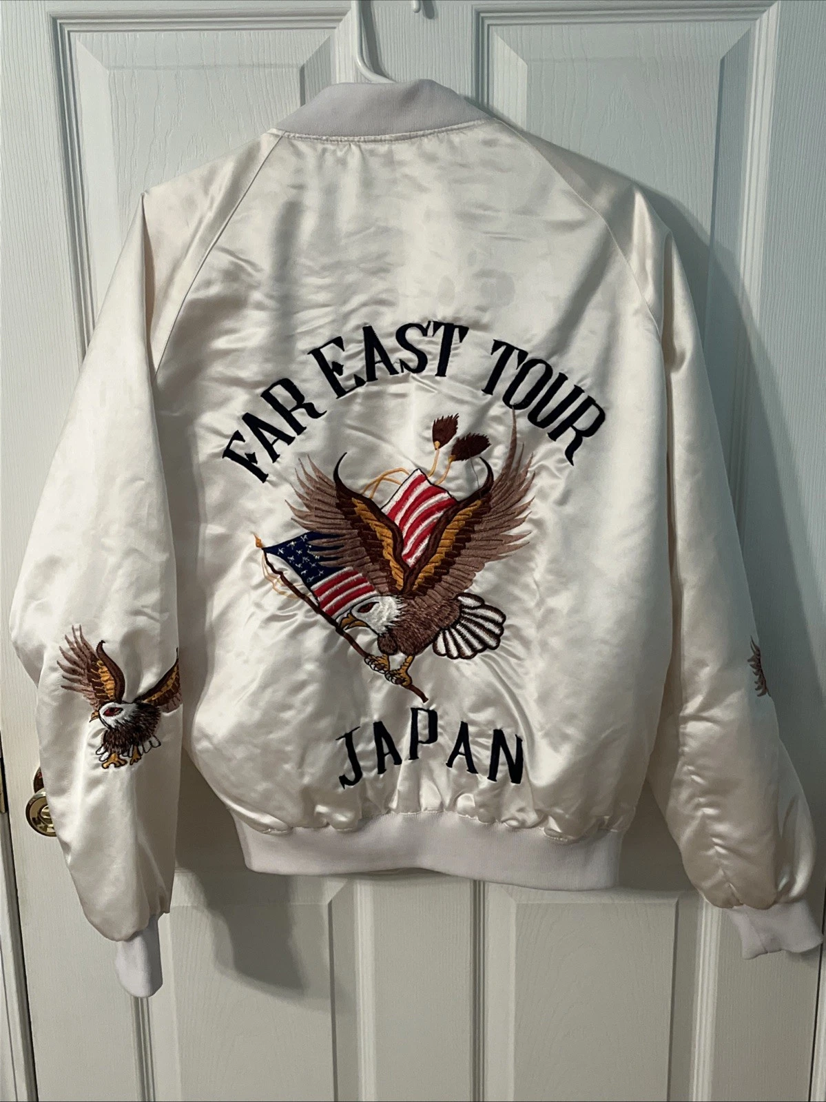Vintage Far East Tour Japan Jacket White Satin Snap Embroidered Eagles Souvenir image 9