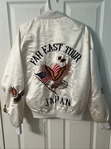 Vintage Far East Tour Japan Jacket White Satin Snap Embroidered Eagles Souvenir image 9