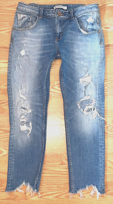 Zara Basic Z1975 Denim Jeans Women s Size 6 Distressed Frayed Hem Mid Rise