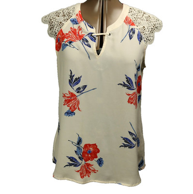 Maurices Lace Cap-Sleeve Floral Chiffon Top Keyhole Neck Cream Blue Red M
