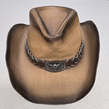 QUEUE ESSENTIALS Straw/Leather BULL-BUCKLE COWBOY HAT Western Rodeo Cap Sz S/M
