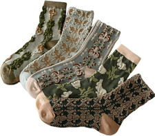 5 Pairs Womens Floral Cute Socks Vintage Embroidered Plant Socks for Women Teens