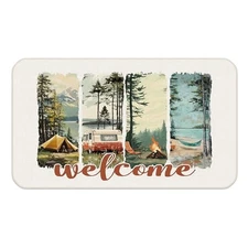 Camping Welcome Door Mat, Retro Lakeside Camper Doormat Outdoor Indoor 
