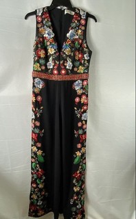 Alice Olivia Women's Nilsa Jumpsuit Black Floral Embroidered Beaded Sz 10