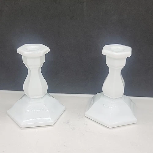 VINTAGE TIARA MILK GLASS SET OF CANDLESTICKS HOLDERS - 3" TALL
