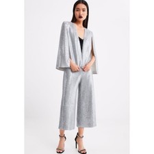 Zara Silver Sequin Cape  High-Rise Culottes Cropped Pants Set NWT- Size S