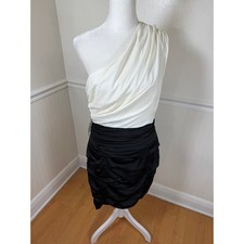 Express One Shoulder Cocktail Dress Women Size 8 Cream Black Ruched Tiered Mini